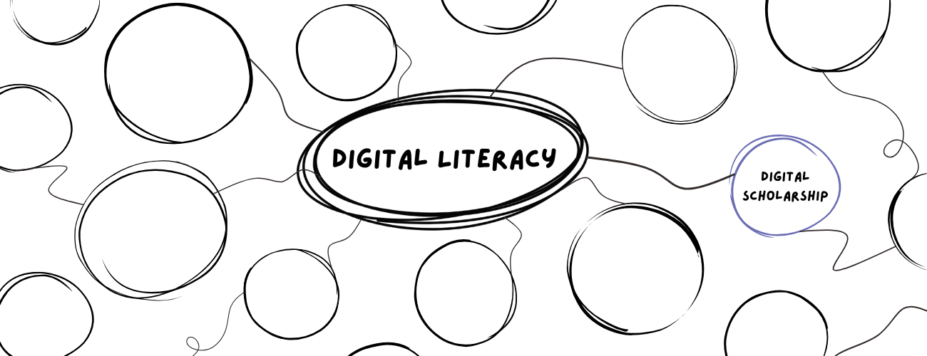 A concept map with digital literacy in the center and the highlighted branch is digital scholarship