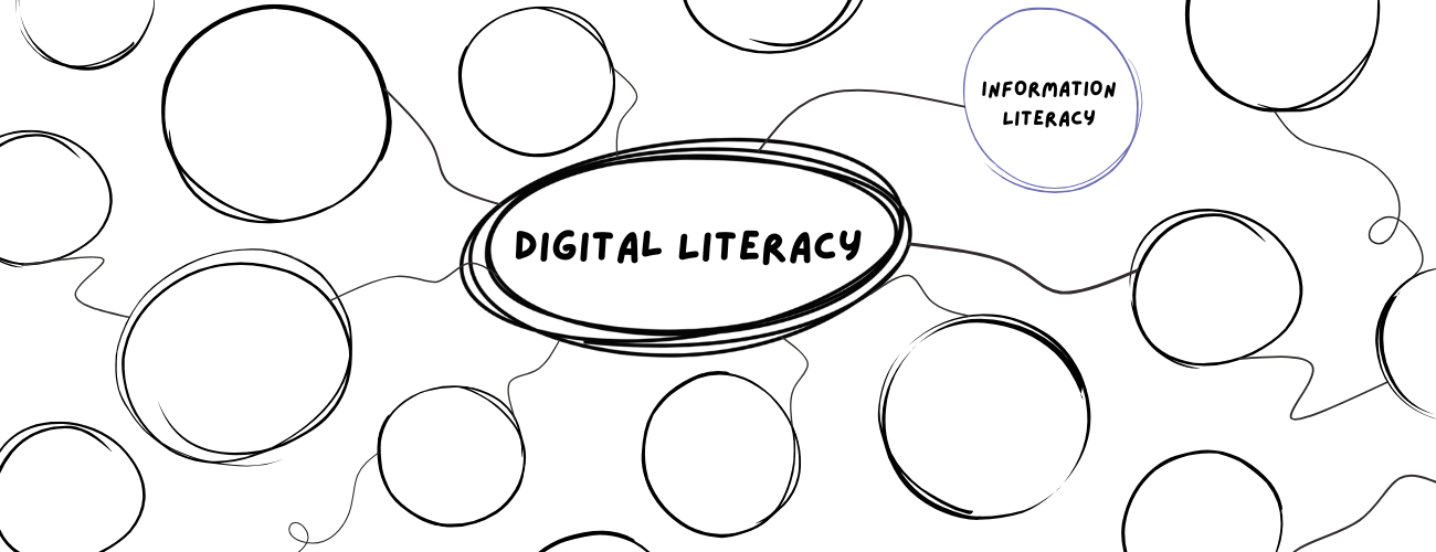 A concept map with digital literacy in the center and the highlighted branch is information literacy